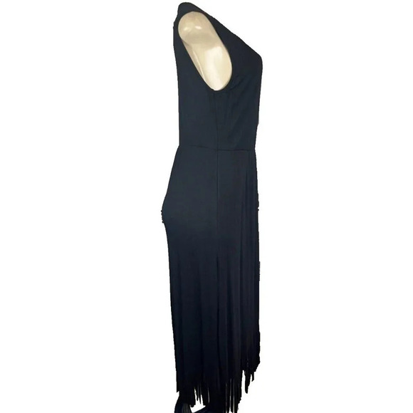 Kate & Mallory M Black Surplice Neck Faux Wrap Fringe Hem Midi Cocktail Dress - Picture 3 of 6